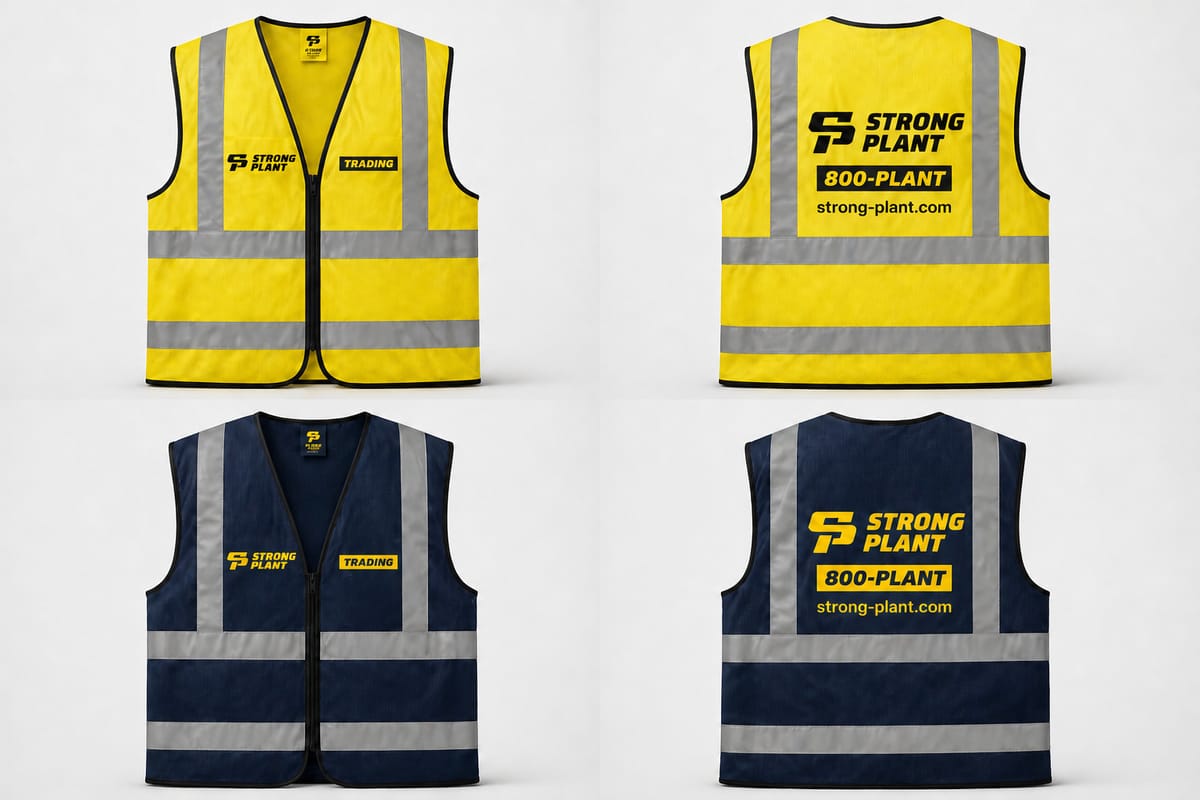 Strong Plant branded hi-vis safety vests — yellow and navy, front and back