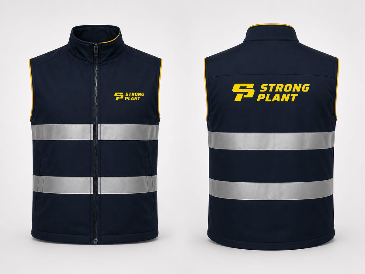 Strong Plant branded navy softshell gilet, front and back