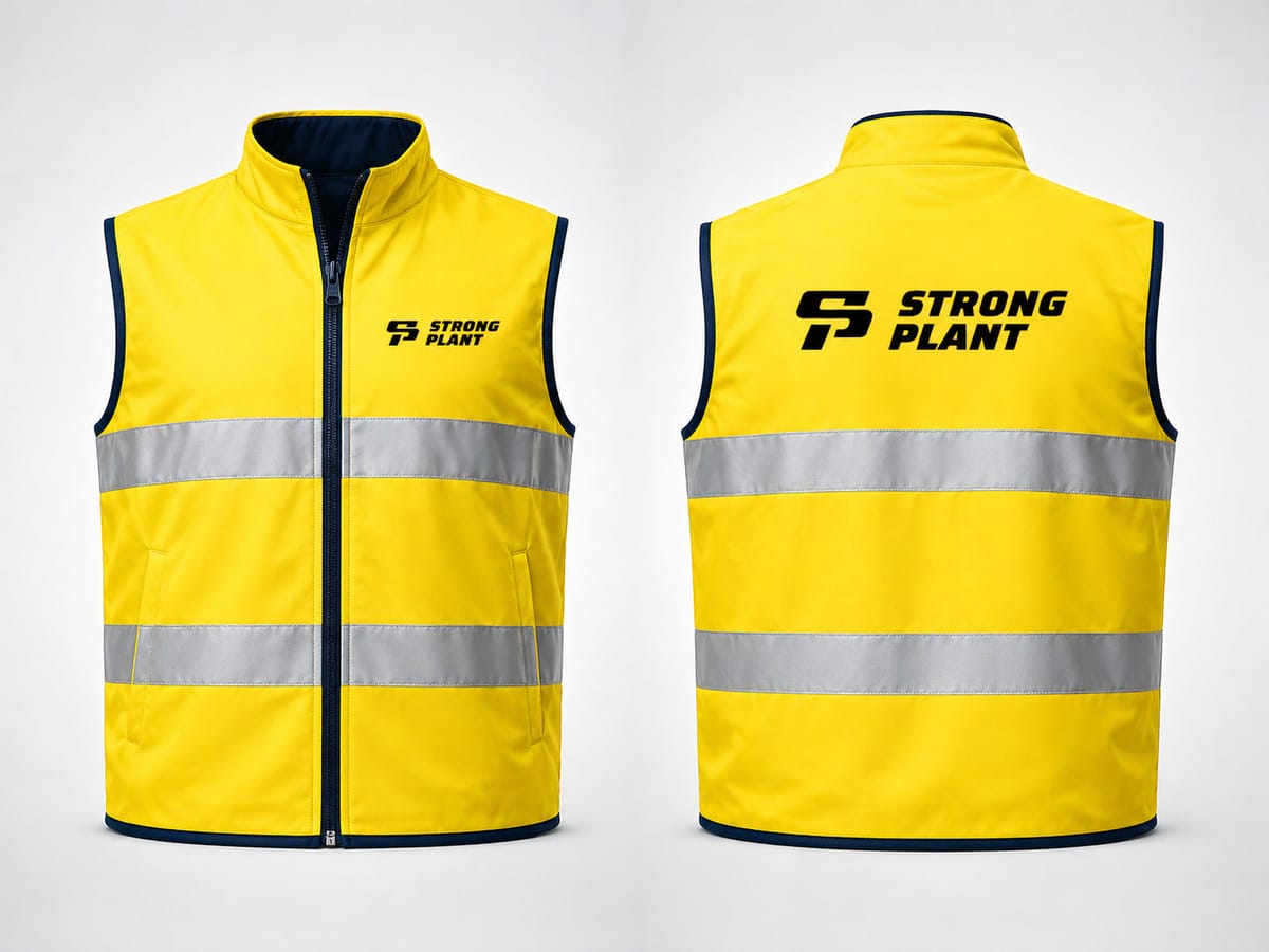 Strong Plant branded yellow softshell gilet, front and back