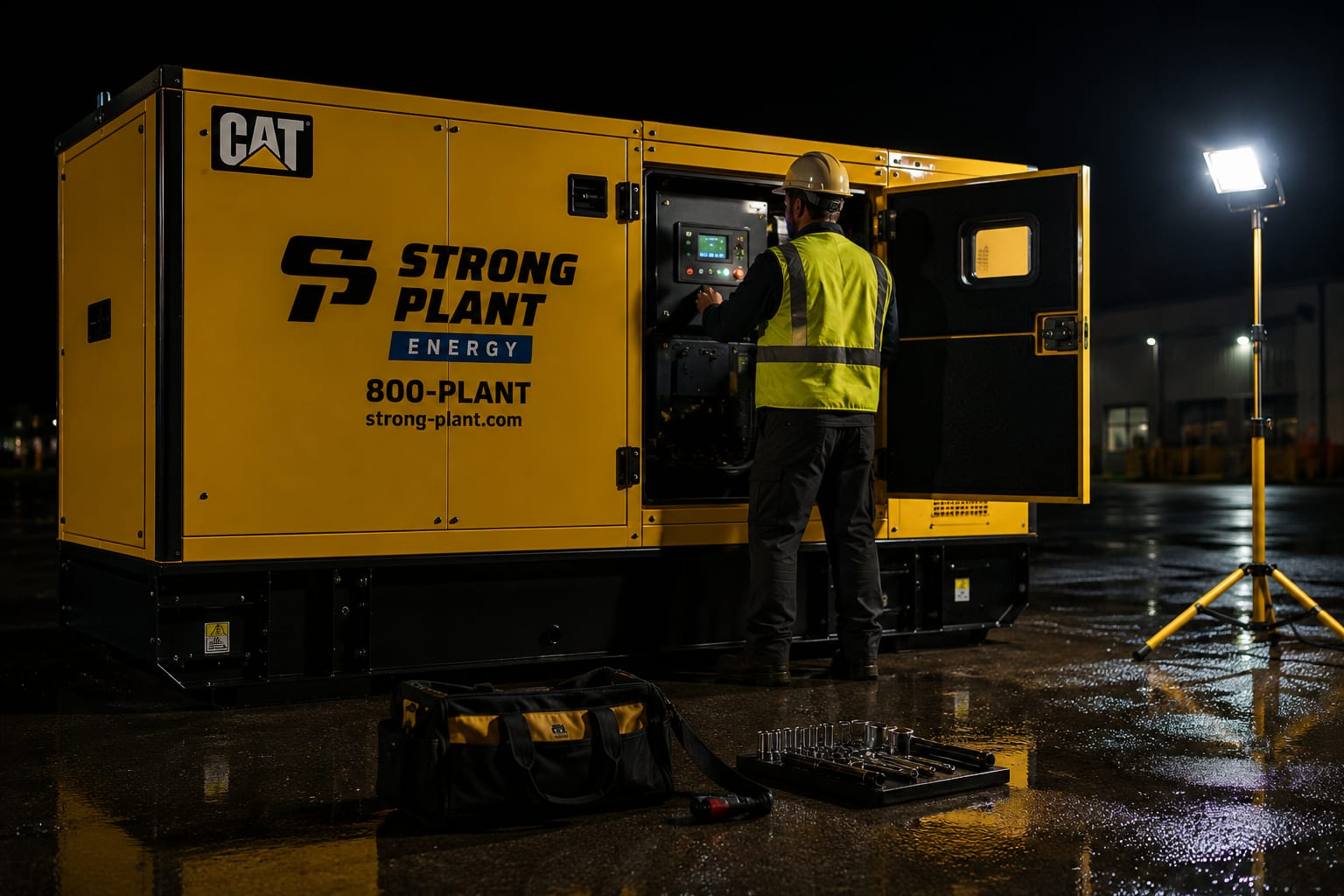 Night emergency call-out — engineer working at an open generator control panel under a work lamp