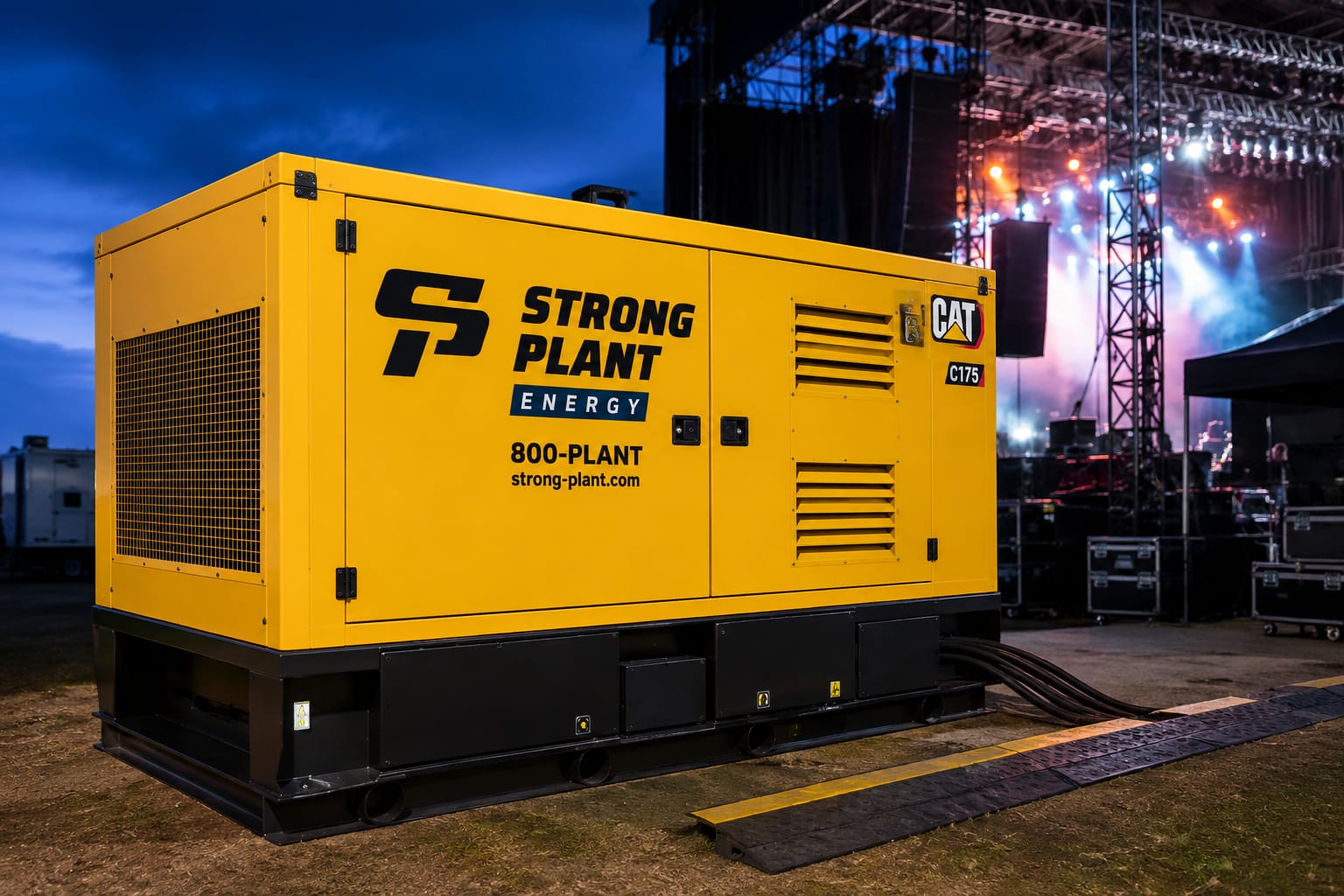Sound-attenuated generator behind an event stage at dusk, stage lighting in the background