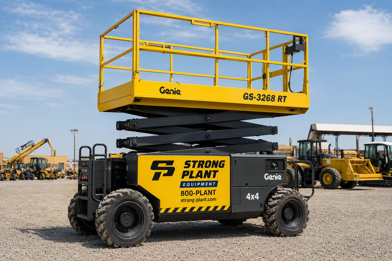 Genie GS-3268 RT rough-terrain scissor lift in Strong Plant livery