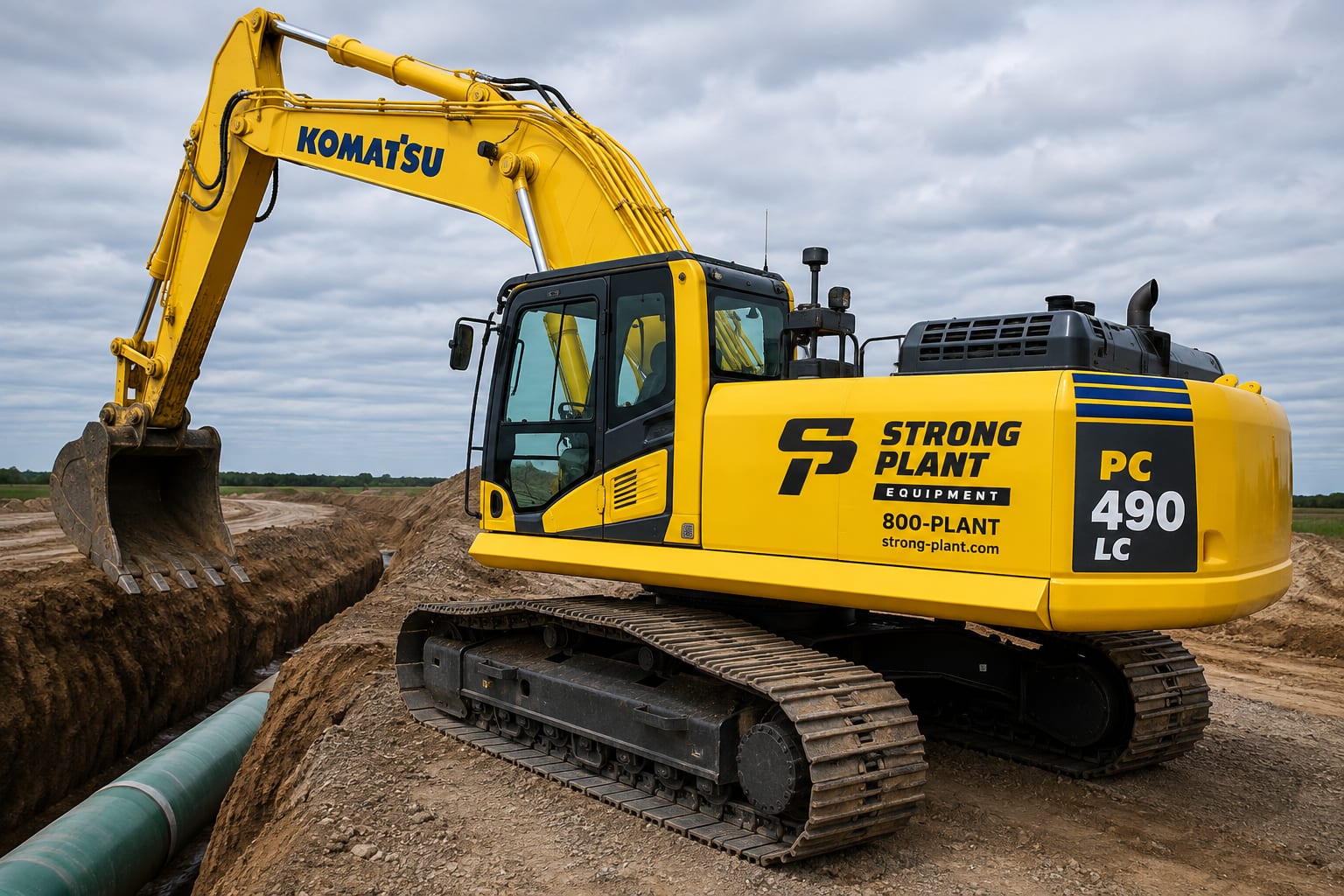 Komatsu PC490LC crawler excavator in Strong Plant livery on a pipeline trenching site