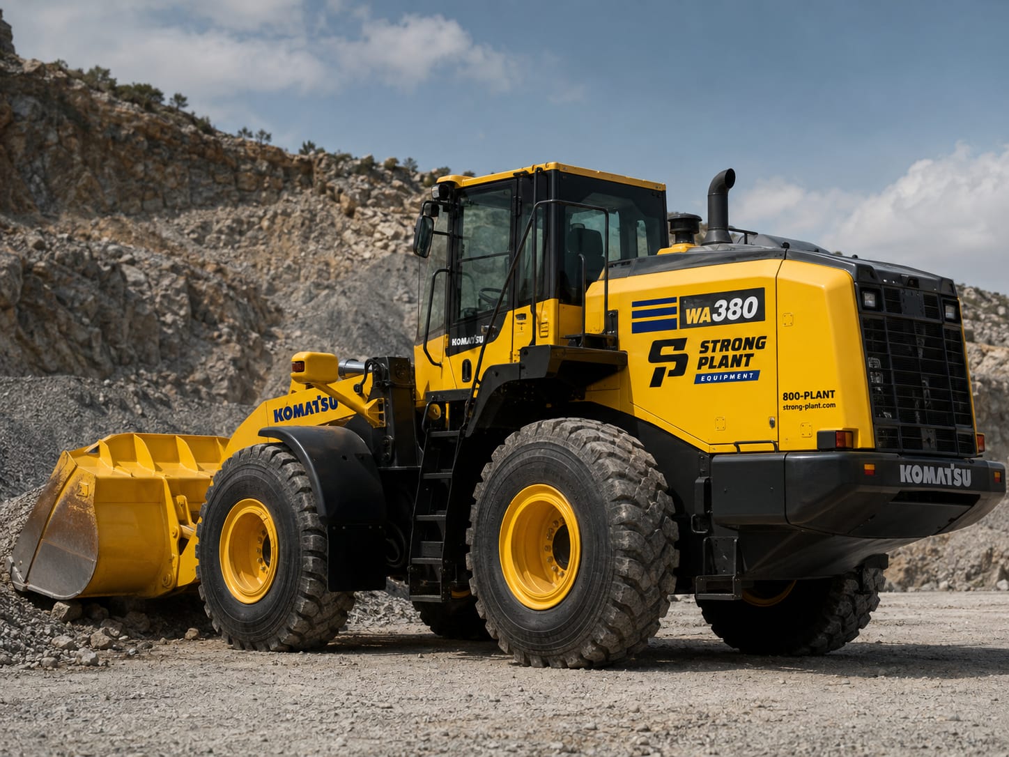 Komatsu WA380 wheel loader in Strong Plant livery on a UAE quarry site